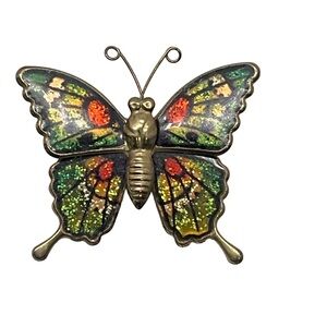 Vintage Cloisonné Butterfly Brooch Pin Colorful Enamel On Gold Tone Metal Taiwan